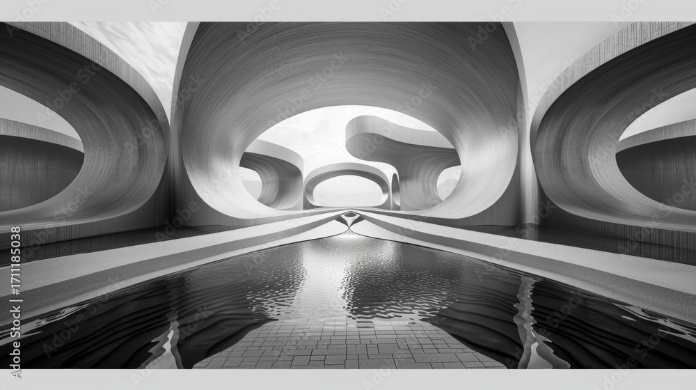Poster lines and circles intersect to form a symmetrical interpretation of waters rippling movement.