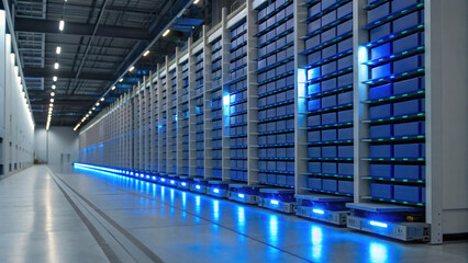 Modern data center with rows of server racks illuminated by blue LED lights, showcasing advanced technology and efficient infrastructure