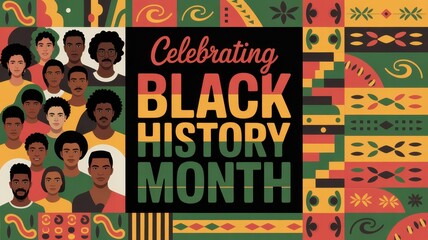 Celebrating black history month with diverse people and traditional african pattern for banner, poster, greeting card, invitation, or wallpaper
