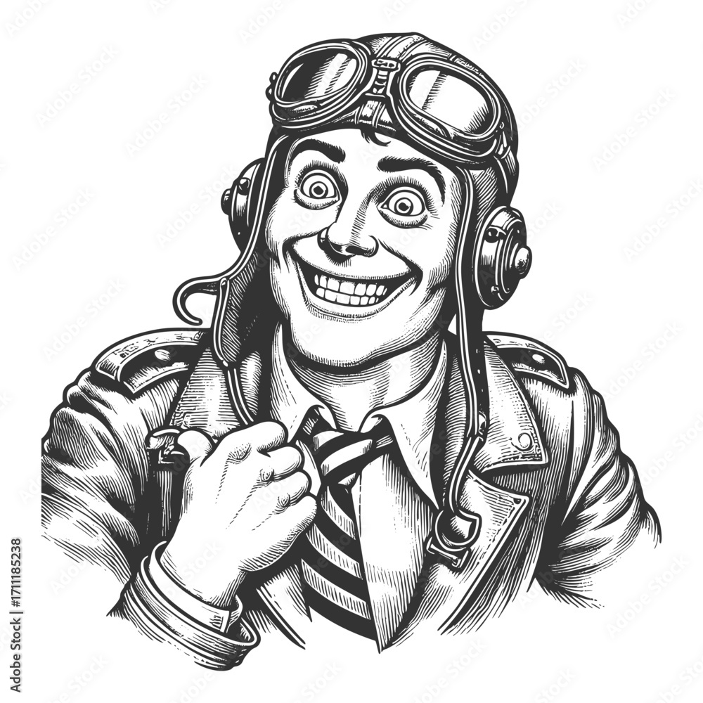 Poster aviator in goggles and leather jacket, smiling broadly with humorous exaggerated expression sketch e