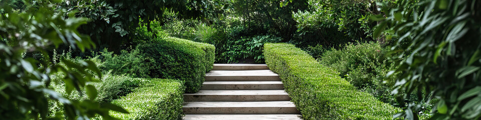 Stone Steps and Boxwood Hedges in a Garden Setting