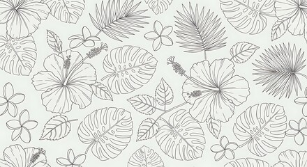 Delicate botanical drawings of hibiscus, plumeria and monstera leaves
