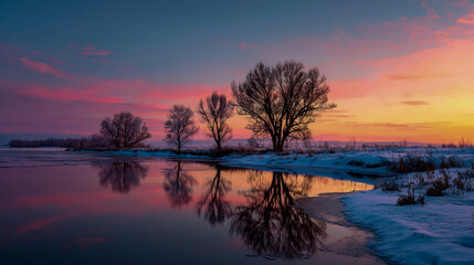 Obraz premium Beautiful winter landscape with trees and a lake at sunset, with a reflection in the water. Winter nature background.