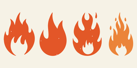 Four stylized cartoon flames in different shades of orange and red on a cream background