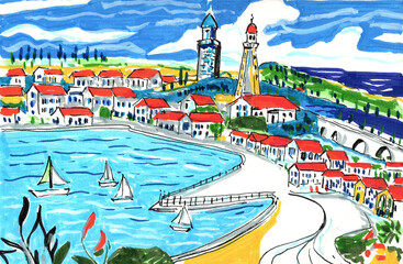 Red Roof Coastal Town Illustration, Hand  Painted Mediterranean Seaside Village with Sailboats