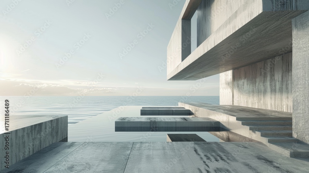 Aufkleber a beach scene composed entirely of geometric shapes in varying shades of gray creating a modern and 