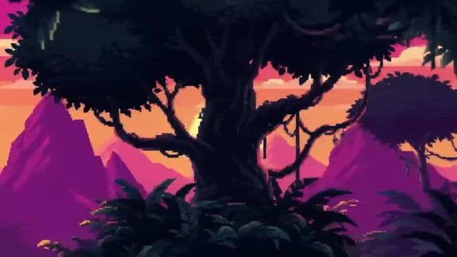 Pixelated sunset mountains