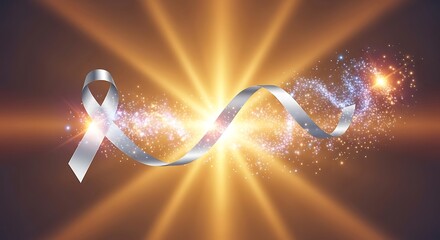 A shimmering silver awareness ribbon with a trail of sparkling light particles against a warm, glowing orange background with radiating light beams.