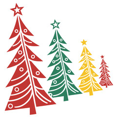 Obraz premium Row of stylized Christmas trees in red green and yellow with stars