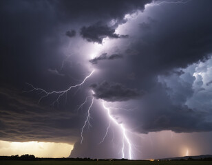 Multiple lightning strikes illuminate a stormy sky over a green field.