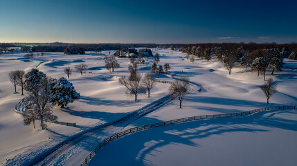 Beautiful winter landscape, a snow-covered golf course with winding paths and wooden fences, a clear blue sky overhead, an aerial view, a wide-angle lens, natural daylight
