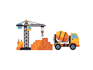 Minimalist Pixel Art Illustration of Construction Site Featuring Crane Bricks and Cement Mixer on transparent Background
