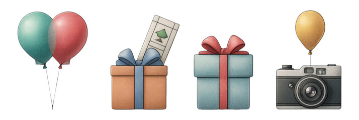 Colorful Balloons and Gift Boxes with Vintage Camera on Transparent Background