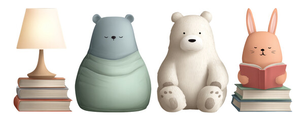 Cute Cartoon Animals with Books and Lamp on Isolated Transparent Background