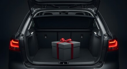 A Sophisticated Surprise: Black Gift Box with Red Ribbon in a Car Trunk