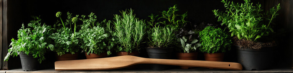 Assortment of Potted Herbs on Wooden Shelf with Wooden Spatula
