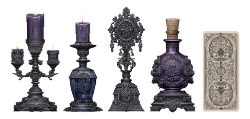 Elegant Dark Decorative Objects with Candles and Unique Designs Isolated on Background