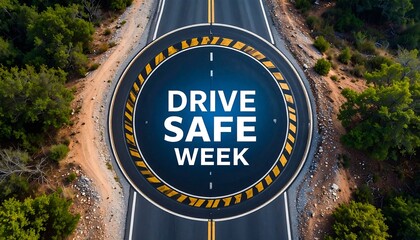 Aerial view of a road with a circular message promoting "Drive Safe Week