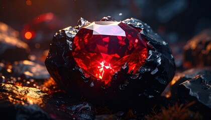 Fototapeta premium Radiant Ruby Embedded in a Dark Volcanic Rock