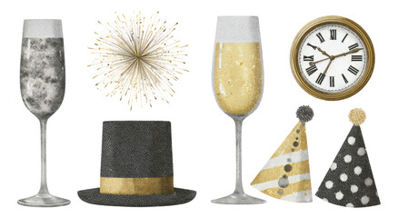 New Year Celebration Elements with Champagne, Clock, Party Hats, and Fireworks