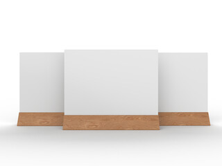 3D Realistic table stand, table tent mockup with wood base and white paper acrylic. Blank card holder display information for menu label, restaurant, cafe, banner, picture stand, sign holder, ads