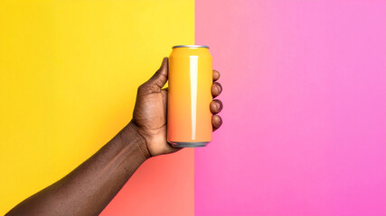  A hand holds a vibrant, blank drink can against a striking two-tone background of bright yellow and pink. This clean, bold image is perfect for mockups and modern product promotion.