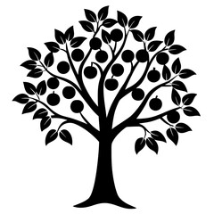 A simple black and white illustration of an apple tree with fruit