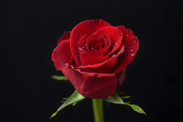 Close up of a single red rose with water droplets on dark background flower