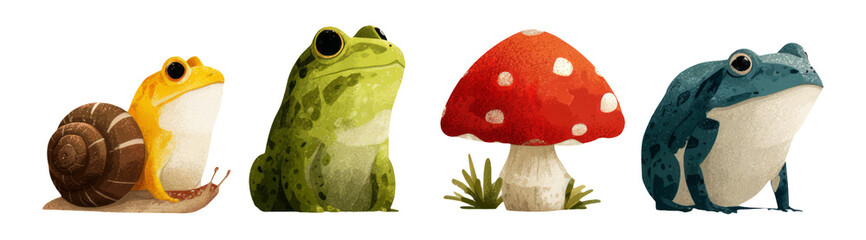 Charming Collection of Frogs and Mushroom in Vibrant Art Style with Isolated Background