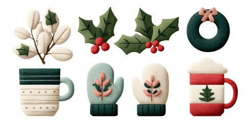 Cozy Holiday Decorations with Christmas Wreath, Mittens and Mug in Festive Colors