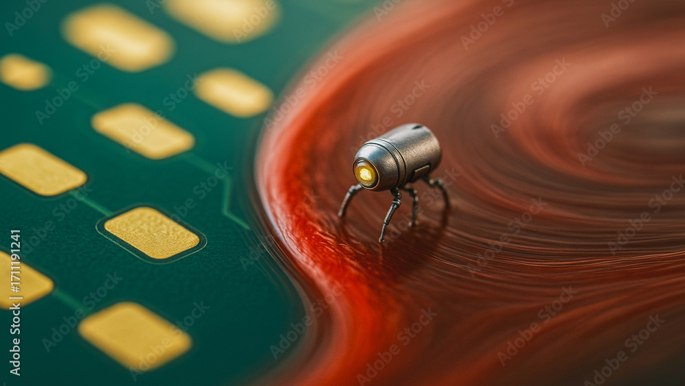Poster tiny tech navigator: a futuristic micro-robot explores a complex network, highlighting advancements 