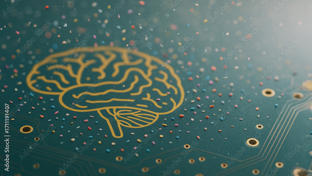 Poster digital brain: a close-up shot of a computer chip with a golden brain symbol etched onto its surface