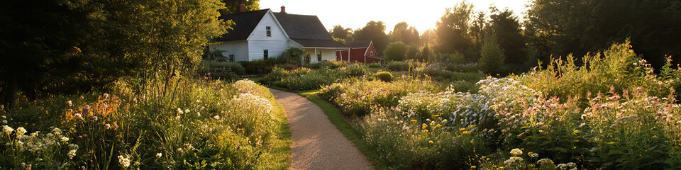 Gravel Path Through Wildflower Garden Leading to Farmhouse and Barn