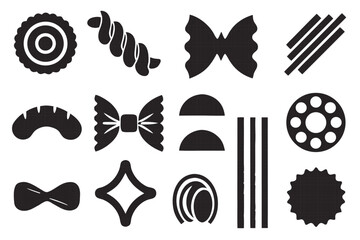 Collection of pasta shapes, including farfalle, fusilli, penne, and rotelle, in a simple black and white illustration
