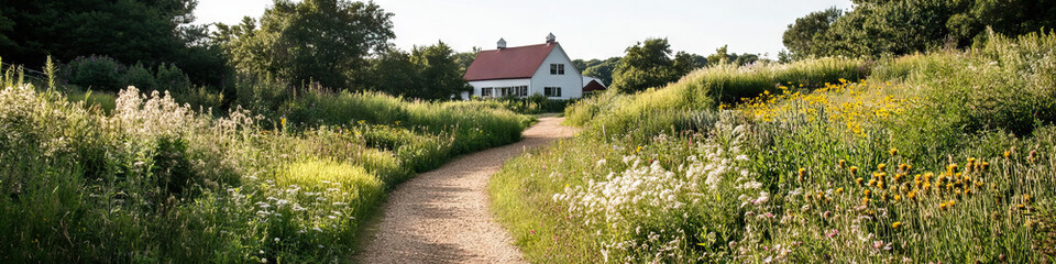 Gravel Path and Wildflower Meadow Leading to White Farmhouse
