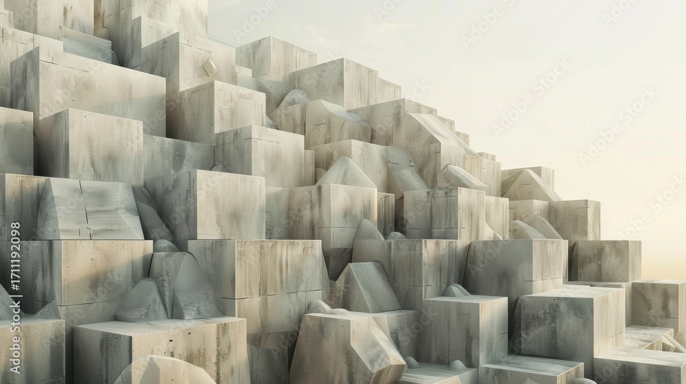 Poster geometric cubes stack on top of each other in a towering formation creating a visual representation 
