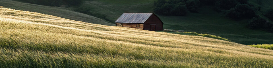 Red Barn in Golden Grass Field