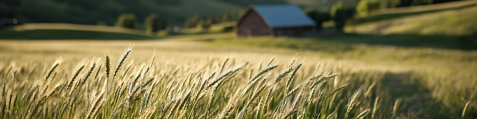 Wheat Field with Red Barn and Rolling Hills