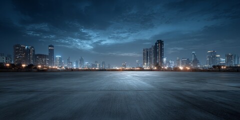 City skyline at dusk with empty ground in the foreground