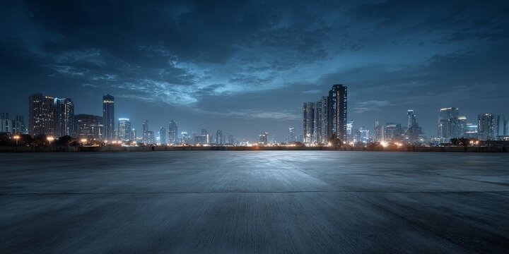 City skyline at dusk with empty ground in the foreground