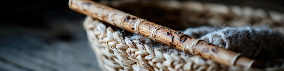 Woven Basket with Wooden Handle and Textile