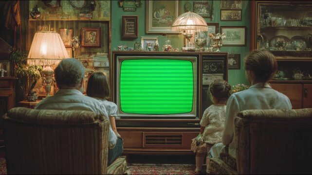 Family watching an old TV with a green screen and a TV signal simulator at home in the 80s and 90s
