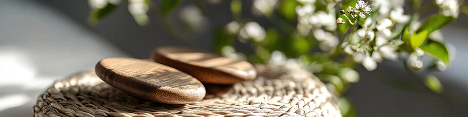 Wooden Objects on Woven Mat with Blooming Flowers