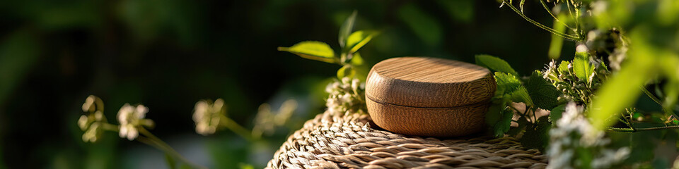 Wooden Container on Wicker Surface with Greenery
