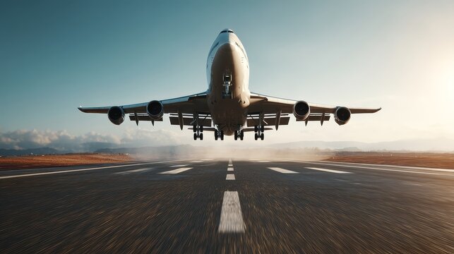 Airplane taking off from an airport runway at sunrise