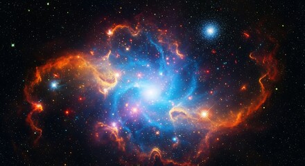 A vibrant display of celestial nebulae, showcasing a striking interplay of colorful gas clouds and numerous stars against a deep black backdrop.