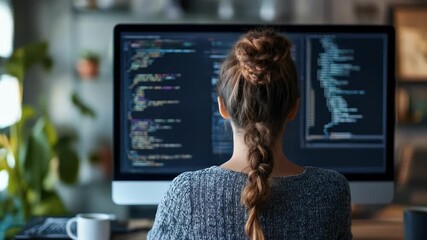 Woman focused on computer code modern workspace casual interior dark screen creative coding - Powered by Adobe