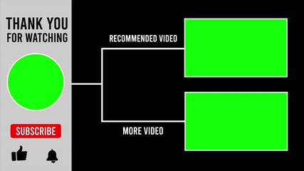 Animation End screen with green screen templates for video, Thanks for watching and reminder for subscribe, Like and Notification. 4k video. 