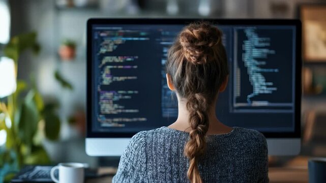 Woman focused on computer code modern workspace casual interior dark screen creative coding