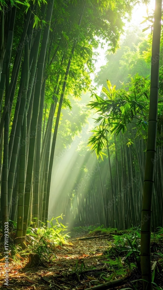 Poster sunlight filtering through lush bamboo forest in tranquil setting